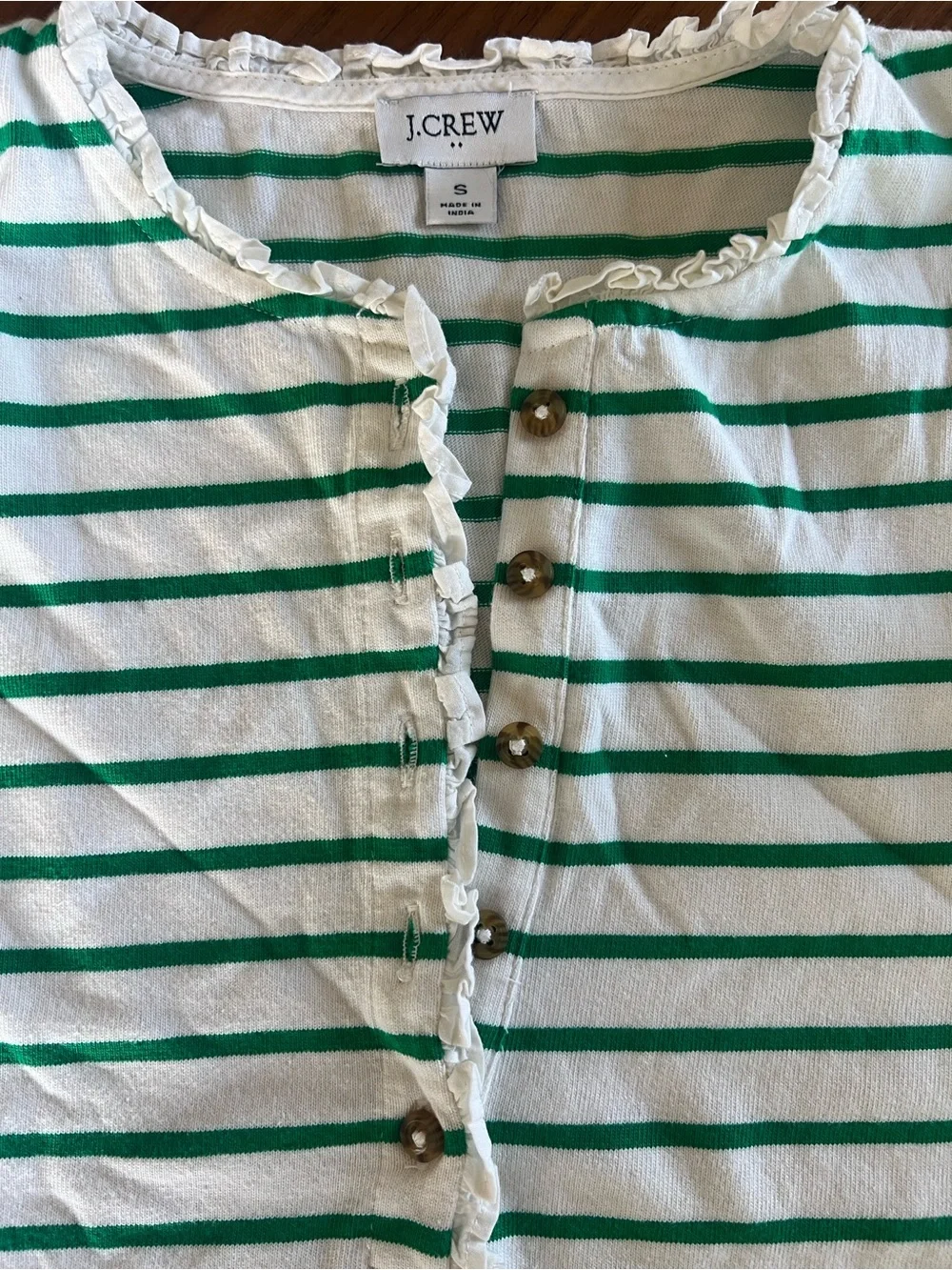 J. Crew Striped Green and White Ruffleneck Henley Top small